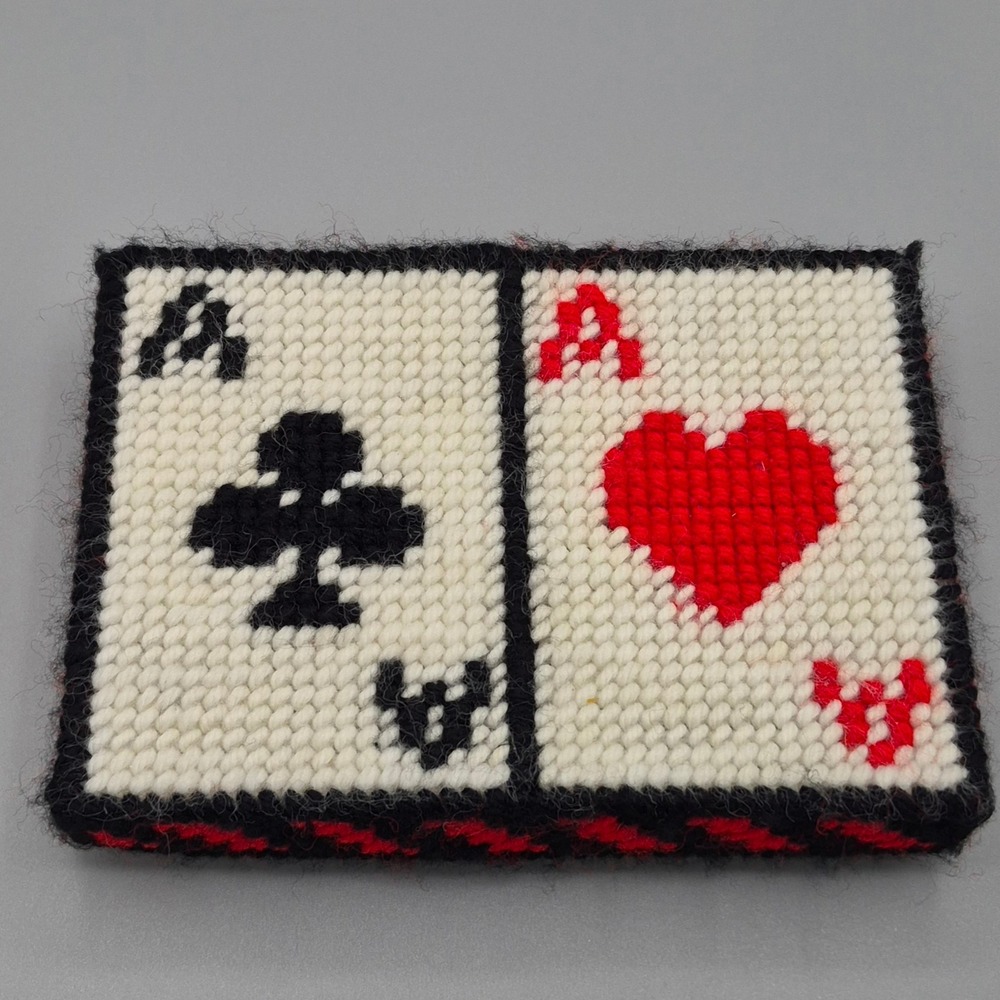 Vintage Handmade Plastic Canvas Playing Card Holder Ace of Hearts Clubs Case